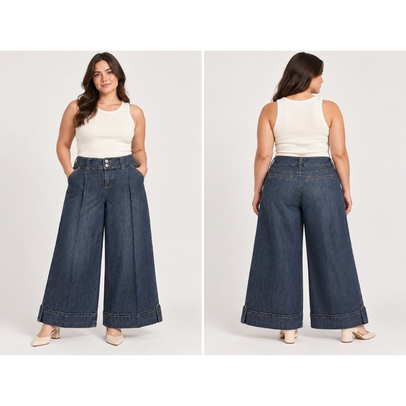 Venezia Denim - Venezia Dark Wash High Rise Wide Leg Trouser Jeans with Front Pleats and Cuffs